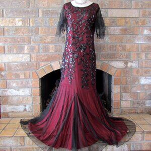BALL GOWN, XL TALL, BLACK BLING BEADING on SHEER BLACK OVER RED, FISHTAIL